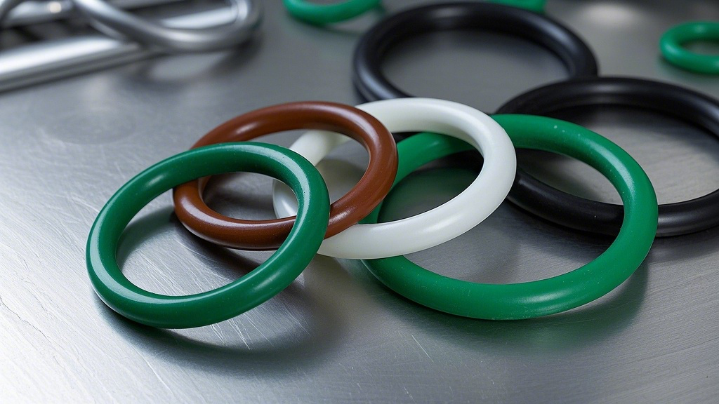 綠色的棕色的白色的黑色的O型密封圈,比例 「16_9」,背景為不銹鋼桌面 綠色的棕色的白色的黑色的O型密封圈,比例 「16_9」,背景為不銹鋼桌面