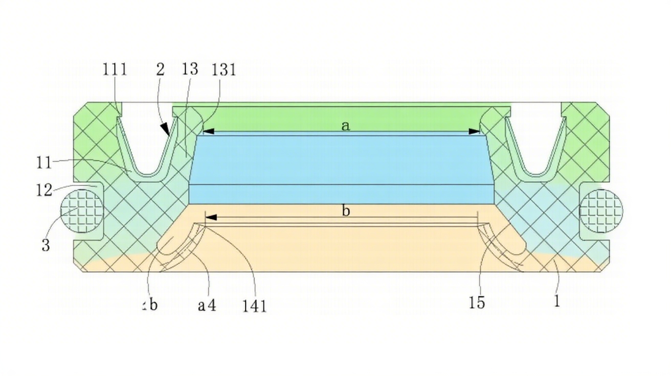 設(shè)計(jì)飛行器油泵海報(bào)1圖1（剖視圖）：展示油封本體、V型彈簧、O型圈的軸向分布，主唇口（131）與副唇口（141）的梯度位置關(guān)系。