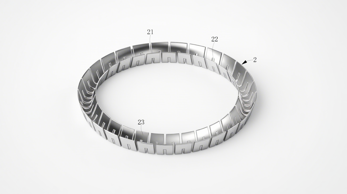 一種HA型彈簧組合油封結(jié)構(gòu)圖6圖6（V型彈簧立體圖）：顯示彈片（23）、第一凹槽（21）與第二凹槽（22）的交錯(cuò)排列，闡釋預(yù)緊力產(chǎn)生機(jī)制。