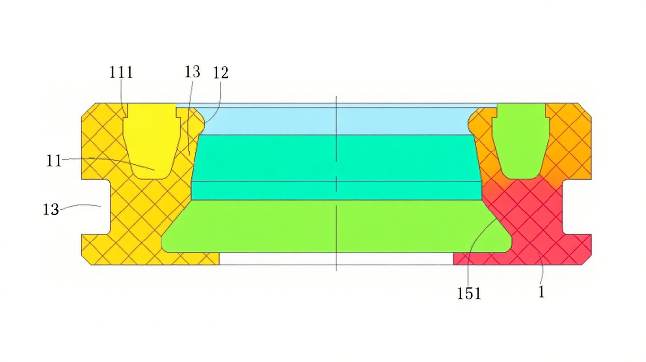 一種HA型彈簧組合油封結(jié)構(gòu)圖3圖3（車制剖視圖）：呈現(xiàn)增壓槽斜面（151）與副油封臂（14）的彎曲角度，驗(yàn)證“向外傾斜-向內(nèi)彎曲”的獨(dú)特結(jié)構(gòu)。